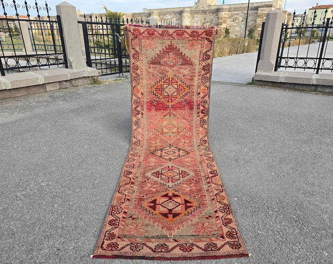 2x7 Vintage Turkish Wool Runner Rug, Faded Red Pink Geometric Medallions, 2'3" x 7'