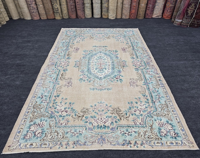 7x10 Vintage Turkish Oushak Wool Area Rug, Beige Aqua Blue Floral, 6'9" x 9'11"