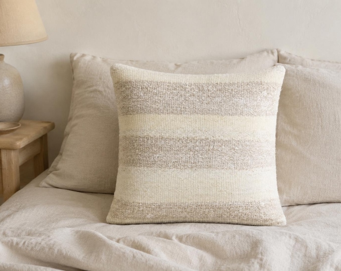 20x20 Vintage Kilim Pillow Cover, Handmade Wool Stripe Cushion, Neutral Beige Farmhouse Decor