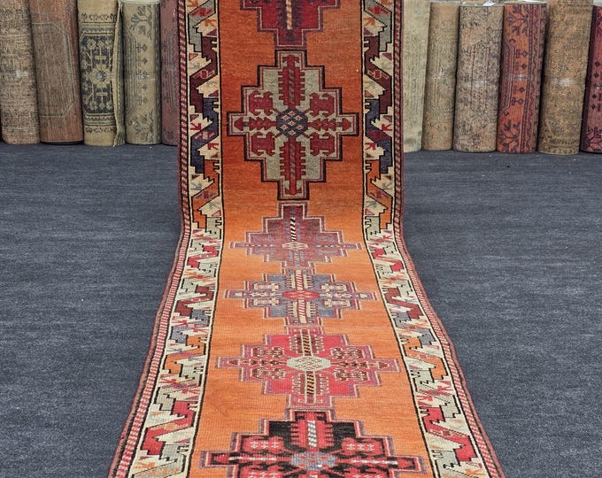 3x13 Vintage Turkish Wool Runner Rug, Burnt Orange Geometric Hallway Rug (2'10" x 13')