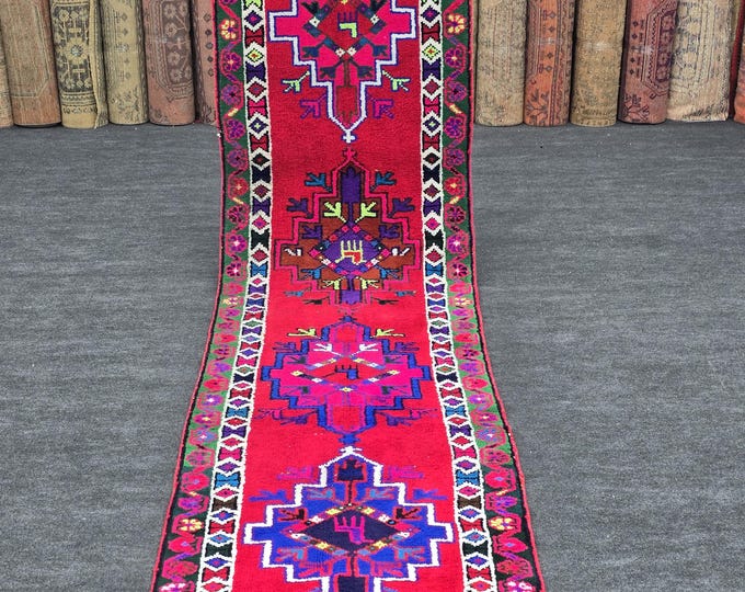 3x13 Vintage Turkish Oushak Runner Rug, Hot Pink Handmade Wool Hallway Carpet 2'10" x 12'7"