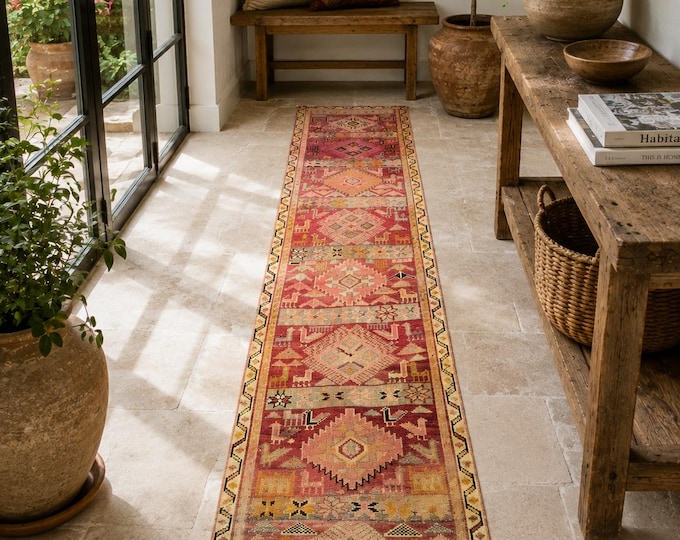 2x11 Vintage Turkish Oushak Runner Rug, Hand-Knotted Wool Pink Floral Medallion Hallway Carpet