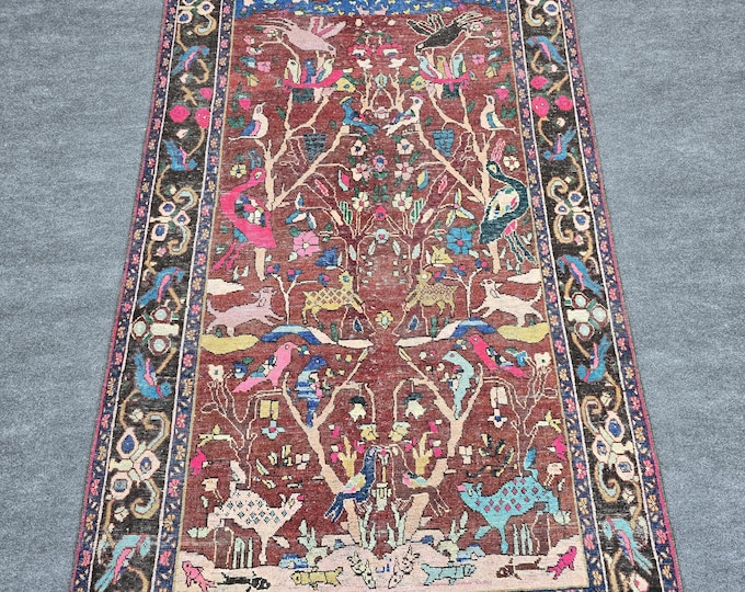 4x7 Vintage Turkish Pictorial Rug, Handmade Wool Tree of Life Animal Boho Area Rug