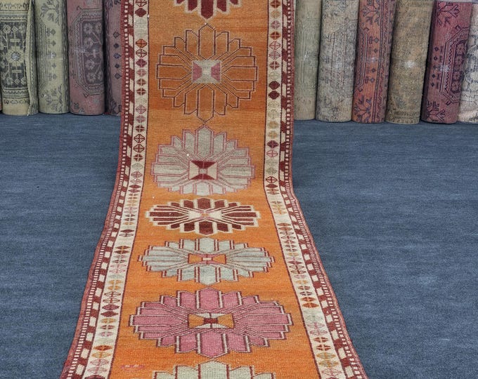3x11 Vintage Turkish Runner Rug, Burnt Orange Pink Geometric Wool Hallway Carpet