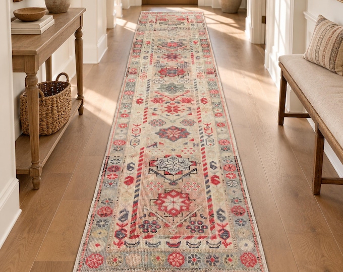 3x12 Vintage Turkish Geometric Runner Rug, Beige & Faded Red Hallway Carpet, 2'9" x 12'3"