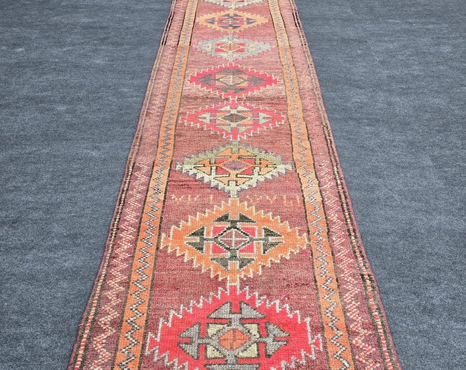 3x14 Vintage Turkish Wool Runner Rug, Rust Red Geometric Long Hallway Carpet 2'10" x 14'2"
