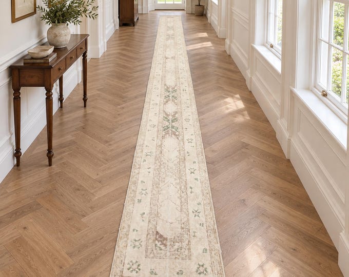2x23 Ft Extra Long Turkish Oushak Runner Rug, Handmade Wool Hallway Runner, Narrow Carpet