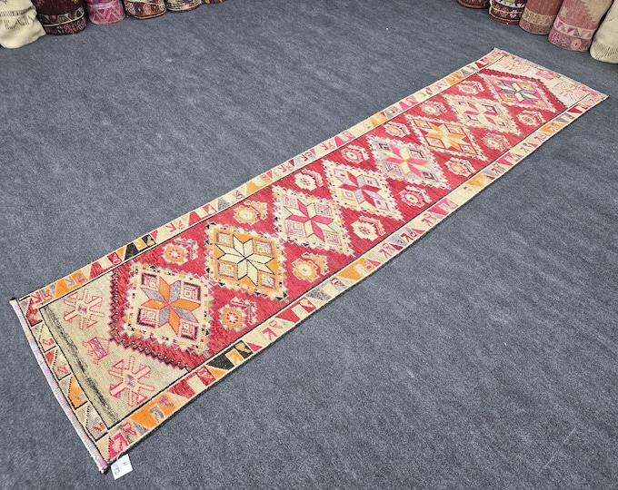 3x11 Vintage Turkish Runner Rug, Red Pink Geometric Hallway Carpet, 2'7" x 10'8"