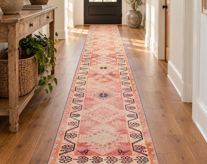 2x14 Vintage Turkish Herki Runner Rug, Handmade Wool Pink Beige Extra Long Hallway Carpet