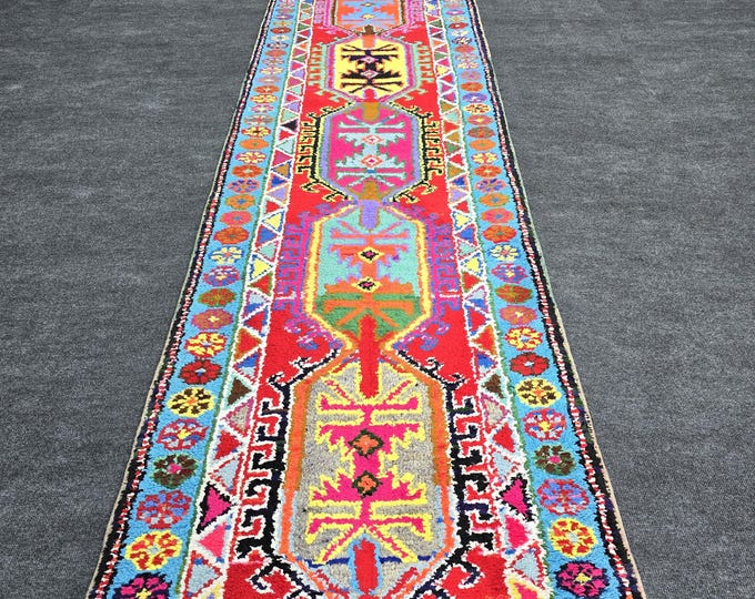 3x13 Vintage Turkish Wool Runner Rug, Colorful Geometric Tribal Hallway Carpet (2'9" x 12'5")