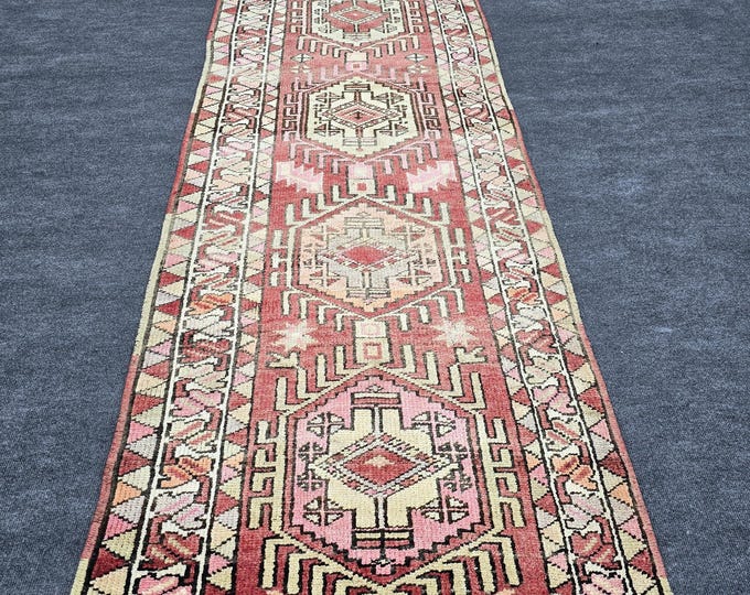 3x10 Vintage Turkish Runner, Pink Wool Anatolian Hallway Rug, Handmade Geometric Narrow Carpet