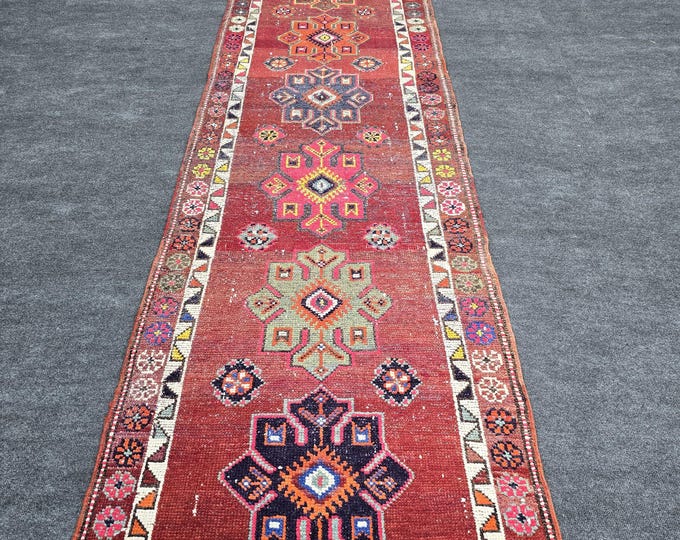 3x13 Vintage Turkish Oushak Wool Runner Rug, Rust Red Geometric Tribal Hallway Carpet
