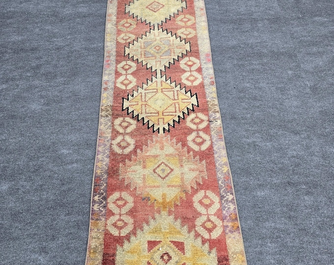 2x10 Vintage Turkish Oushak Runner Rug, Handmade Wool Coral Tribal Hallway Carpet