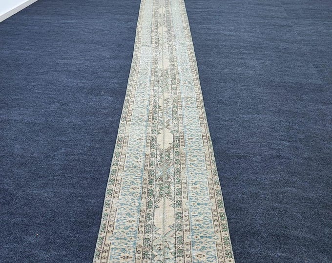 Vintage Turkish Wool Runner Rug, Beige Blue Tribal Extra Long Hallway Design (2'1" x 21'2")
