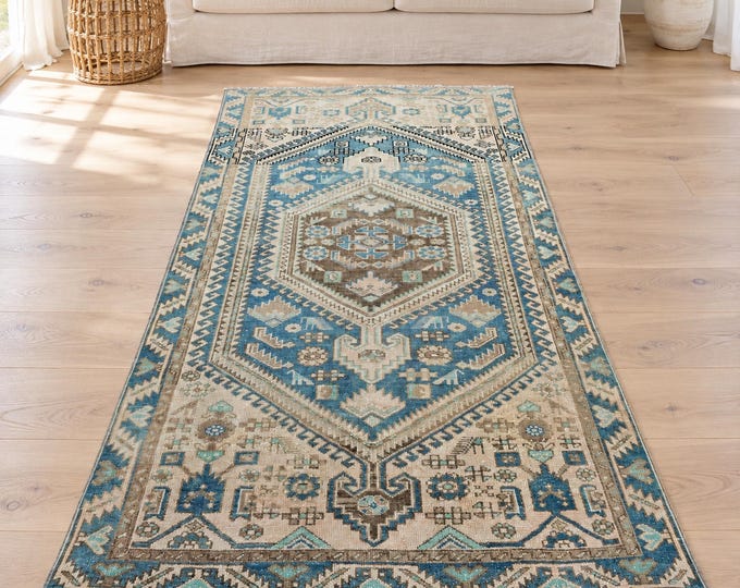 4x7 Vintage Turkish Wool Area Rug, Faded Blue Beige Geometric Medallion, 4'3" x 7'3"