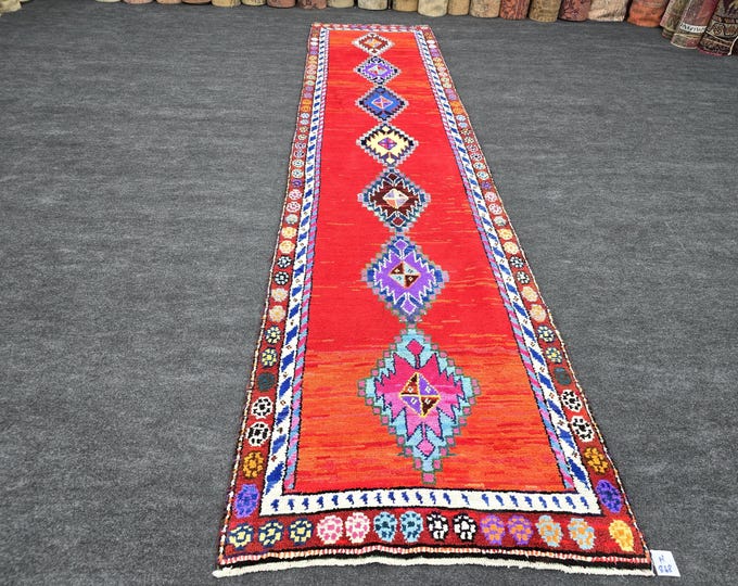 3x12 Vintage Turkish Wool Runner Rug, Red Geometric Hallway Carpet (3' x 11'11")
