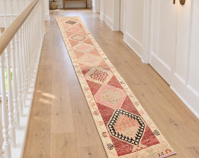 2x14 Vintage Turkish Wool Runner Rug, Muted Red Pink Oushak Medallions, 2' x 13'9"