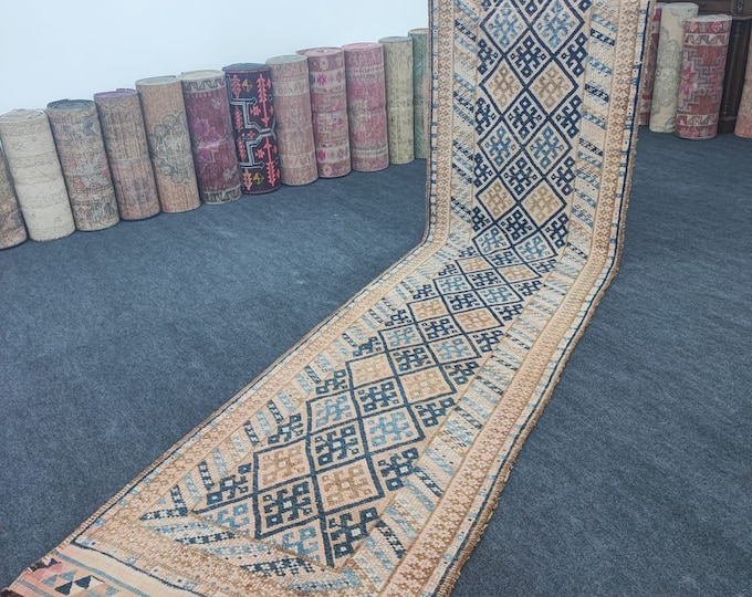 3x13 Vintage Turkish Herki Wool Runner Rug, Blue Beige Geometric Hallway Design (3' x 12'9")