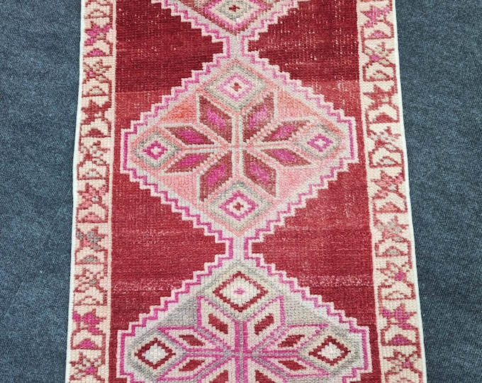 2x11 Vintage Turkish Runner Rug, Burgundy Pink Geometric Hallway Rug, Boho Entryway Decor, 2'x11'1"