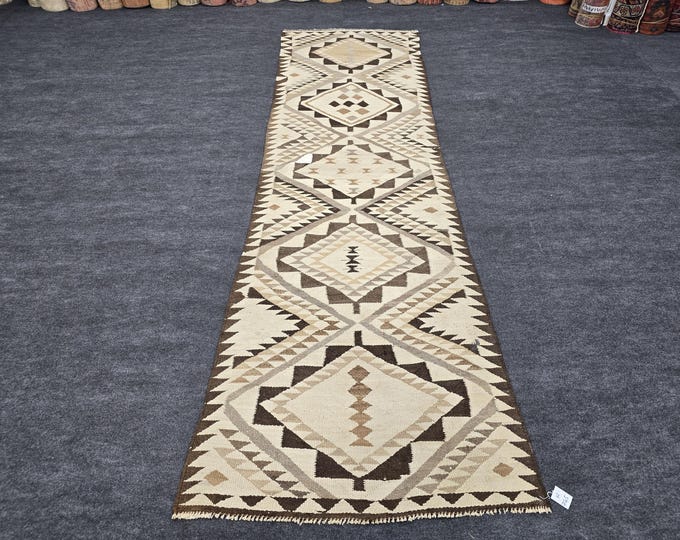 3x11 Vintage Turkish Kilim Runner, Neutral Wool Flatweave Hallway Rug, Geometric Anatolian Decor