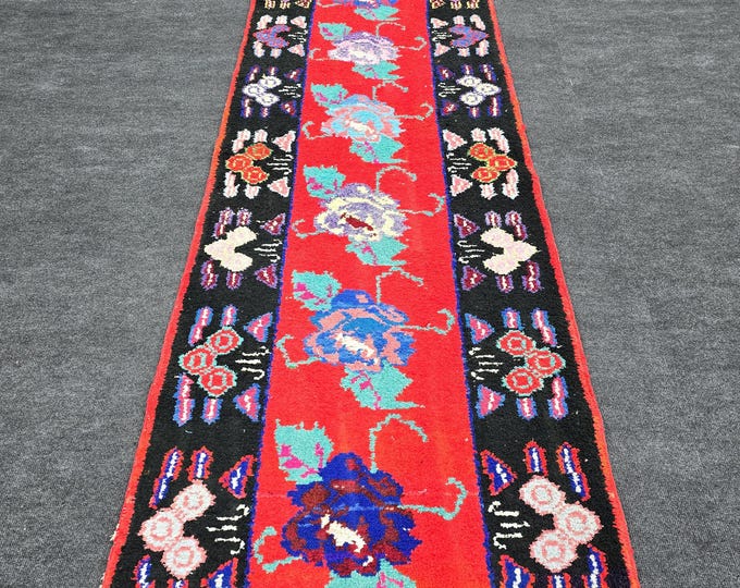 3x13 Vintage Turkish Wool Runner Rug, Red Floral Black Border (2'9" x 13'4")
