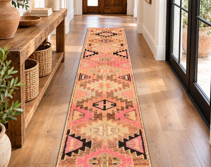 2x7 Vintage Turkish Runner Rug, Faded Pink Brown Geometric Medallions, Handmade Wool Hallway Decor