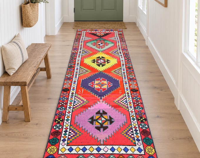 3x11 Vintage Turkish Wool Runner Rug, Colorful Red Geometric Anatolian Hallway Rug (2'9" x 10'7")