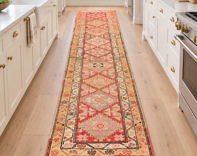 3x11 Vintage Turkish Wool Runner Rug, Faded Orange Red Geometric Medallions, 2'11" x 11'2"