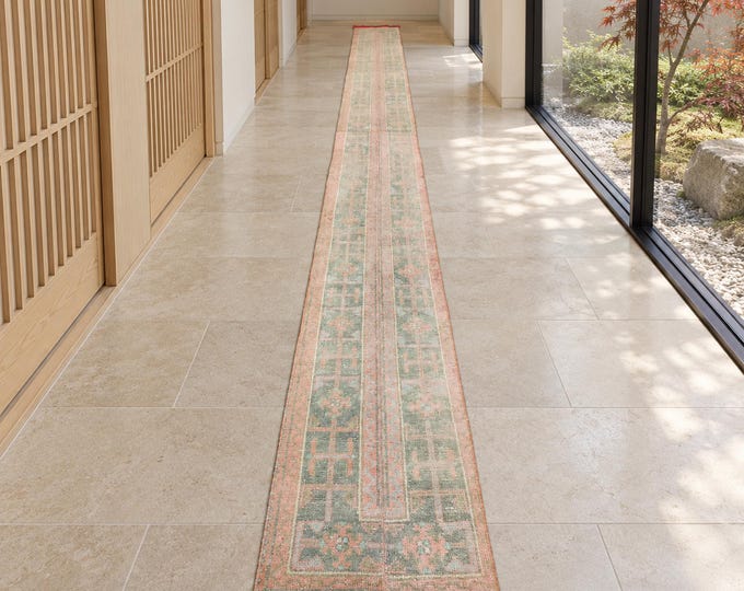 2x21 Vintage Turkish Runner Rug, Handmade Wool Pale Pink Green Extra Long Hallway Runner
