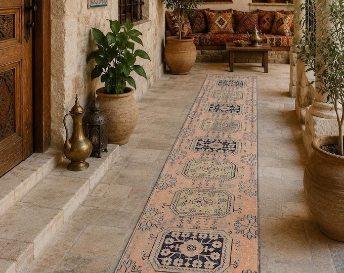 3x21 Vintage Turkish Oushak Rug, Extra Long Beige Sage Wool Hallway Runner