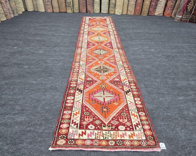 3x13 Vintage Turkish Oushak Wool Runner Rug, Terracotta Red Geometric Hallway Carpet (3' x 12'11")