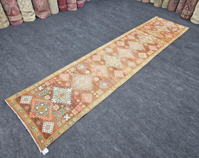 3x12 Vintage Turkish Oushak Runner Rug, Handmade Wool Tribal Hallway Carpet (2'10" x 12')