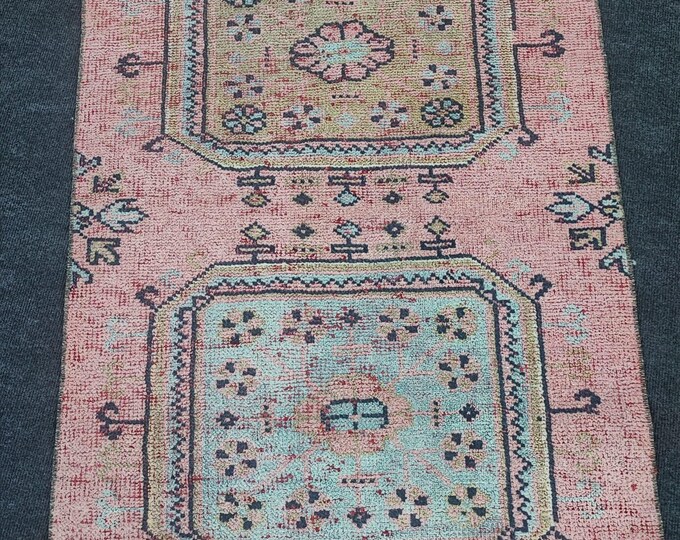 2x21 Vintage Turkish Oushak Wool Runner Rug, Beige Pink Geometric Hallway Design (2'5" x 21')