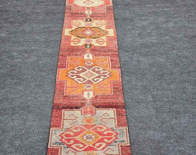 2x12 Vintage Turkish Runner Rug, Handmade Wool Red Tribal Anatolian Hallway Carpet (2'1" × 12'4")