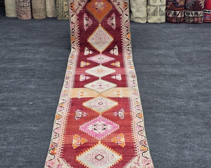3x12 Vintage Turkish Oushak Runner Rug, Red Pink Handmade Wool Geometric Anatolian Hallway Runner