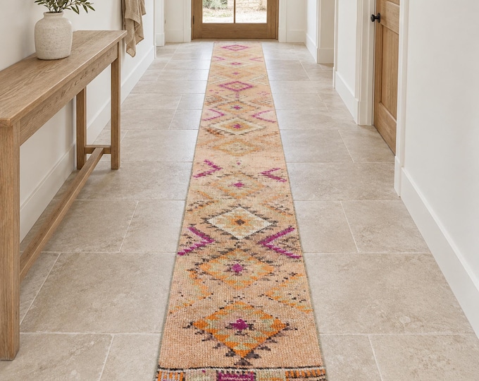 2x14 Vintage Turkish Wool Runner Rug, Salmon Purple Geometric Anatolian Hallway Design (2' x 14'4")
