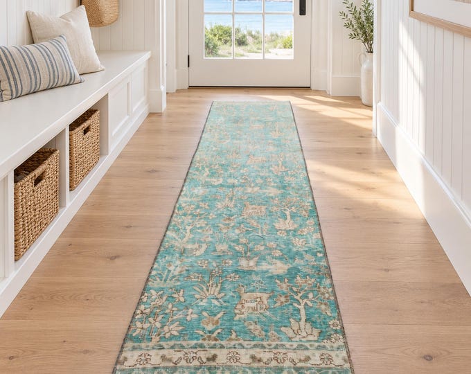 Vintage Turkish Wool Runner Rug, Faded Teal Floral Anatolian Design (2'6" x 10')