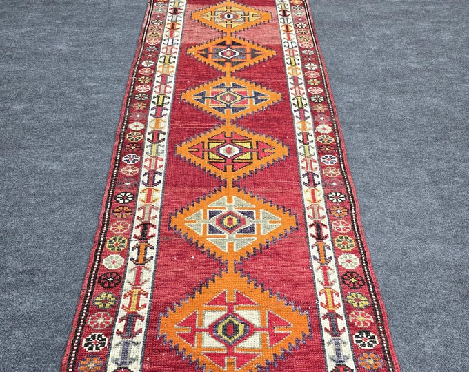 3x13 Vintage Turkish Herki Wool Runner, Red Geometric Hallway Rug (2'11" x 12'9")