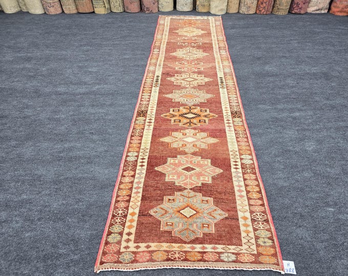 3x10 Vintage Turkish Runner Rug, Terracotta Wool Geometric Anatolian Hallway Rug