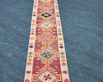 2x11 Vintage Turkish Oushak Runner Rug | Handmade Wool Hallway Runner | Boho Anatolian Corridor Rug
