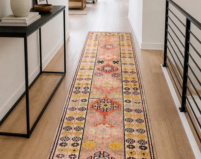3x8 Vintage Turkish Runner Rug, Blush Pink Pastel Geometric, Handmade Wool Anatolian
