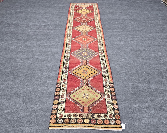 3x11  Vintage Turkish Herki Wool Runner Rug, Red Geometric Medallion Design (2'7" x 10'8")
