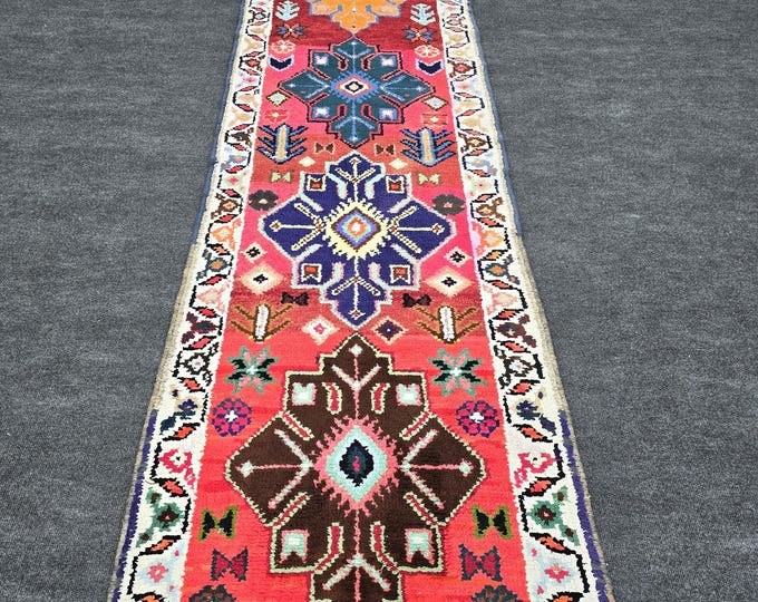 3x12 Vintage Turkish Runner Rug, Red Blue Geometric Wool Hallway Carpet (2'6" x 11'11")