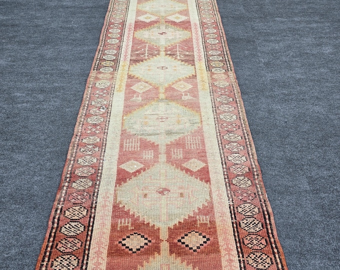 3x12 Vintage Turkish Oushak Runner Rug, Handmade Wool Blush Pink Hallway Carpet (2'9" x 11'8")