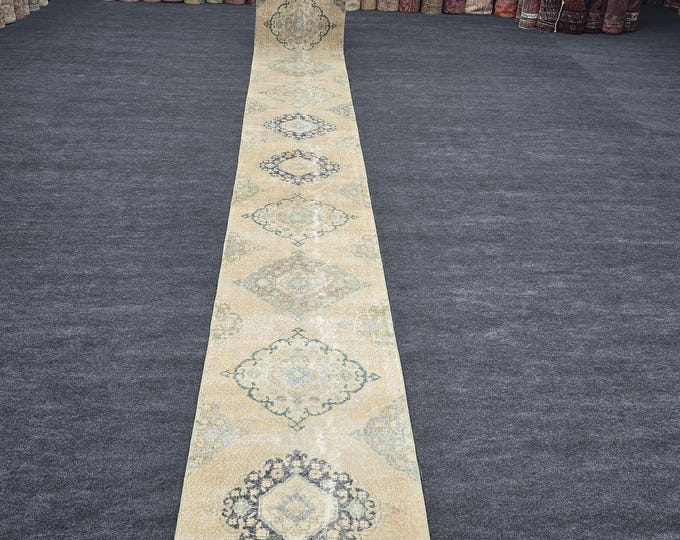 3x25 Vintage Turkish Oushak Wool Runner, Extra Long Beige Hallway Rug (2'7" x 24'9")