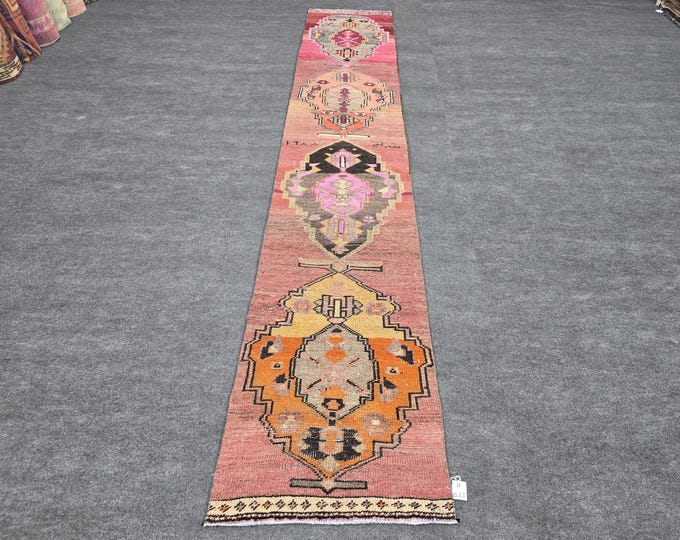 2x12 Vintage Turkish Runner Rug, Pink Orange Geometric Wool Hallway Carpet, 2'3" x 12'3"