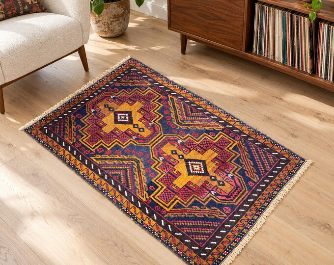3x5 Vintage Turkish Wool Rug, Red Yellow Tribal Anatolian Design, 3' x 4'7"