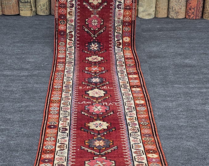 3x12 Vintage Turkish Wool Runner Rug, Red Geometric Hallway Carpet (2'10" x 12')