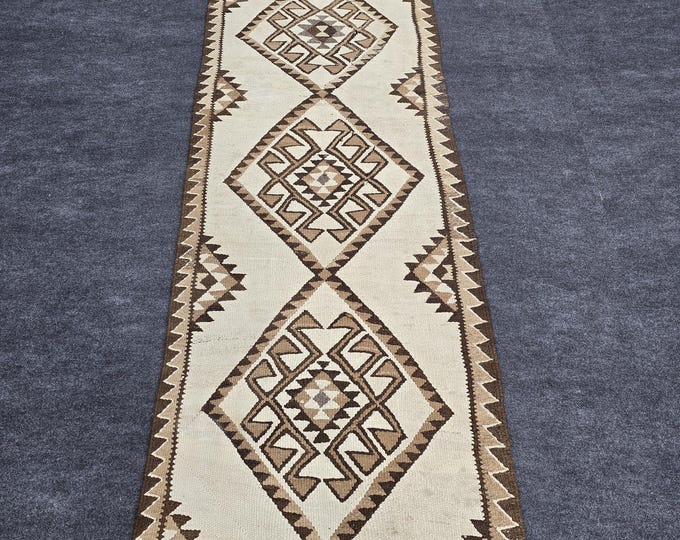 3x10 Vintage Turkish Kilim Runner Rug, Neutral Brown Geometric Wool Flatweave Hallway Rug