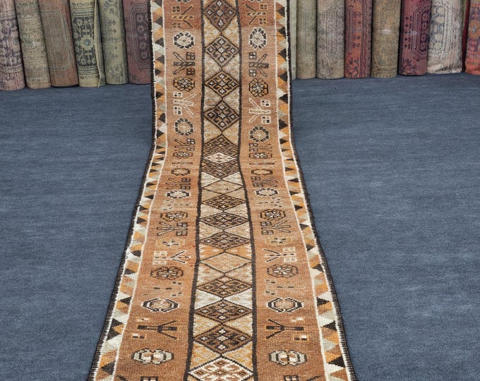 3x15 Vintage Turkish Wool Runner Rug, Extra Long Terracotta Geometric Hallway Rug (3' x 14'7")